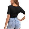 imageLYANER Womens Basic Sweetheart V Neck Ruched Fitted Short Sleeve Leotard Bodysuit TopBlack