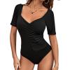 imageLYANER Womens Basic Sweetheart V Neck Ruched Fitted Short Sleeve Leotard Bodysuit TopBlack