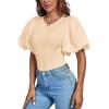 imageLYANER Womens Casual Round Neck Puff Short Sleeve Leotard Bodysuits TopsBeige