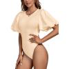 imageLYANER Womens Casual Round Neck Puff Short Sleeve Leotard Bodysuits TopsBeige