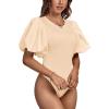 imageLYANER Womens Casual Round Neck Puff Short Sleeve Leotard Bodysuits TopsBeige