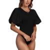 imageLYANER Womens Casual Round Neck Puff Short Sleeve Leotard Bodysuits TopsBlack