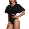 imageLYANER Womens Casual Round Neck Puff Short Sleeve Leotard Bodysuits TopsBlack