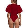 imageLYANER Womens Casual Round Neck Puff Short Sleeve Leotard Bodysuits TopsBurgundy