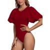 imageLYANER Womens Casual Round Neck Puff Short Sleeve Leotard Bodysuits TopsBurgundy