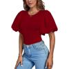 imageLYANER Womens Casual Round Neck Puff Short Sleeve Leotard Bodysuits TopsBurgundy