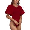 imageLYANER Womens Casual Round Neck Puff Short Sleeve Leotard Bodysuits TopsBurgundy