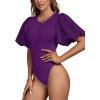 imageLYANER Womens Casual Round Neck Puff Short Sleeve Leotard Bodysuits TopsDark Purple