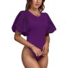 imageLYANER Womens Casual Round Neck Puff Short Sleeve Leotard Bodysuits TopsDark Purple