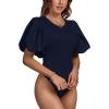 imageLYANER Womens Casual Round Neck Puff Short Sleeve Leotard Bodysuits TopsNavy