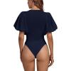 imageLYANER Womens Casual Round Neck Puff Short Sleeve Leotard Bodysuits TopsNavy