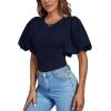 imageLYANER Womens Casual Round Neck Puff Short Sleeve Leotard Bodysuits TopsNavy
