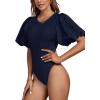 imageLYANER Womens Casual Round Neck Puff Short Sleeve Leotard Bodysuits TopsNavy