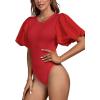 imageLYANER Womens Casual Round Neck Puff Short Sleeve Leotard Bodysuits TopsRed