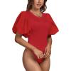 imageLYANER Womens Casual Round Neck Puff Short Sleeve Leotard Bodysuits TopsRed