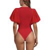 imageLYANER Womens Casual Round Neck Puff Short Sleeve Leotard Bodysuits TopsRed