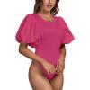 imageLYANER Womens Casual Round Neck Puff Short Sleeve Leotard Bodysuits TopsRose