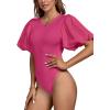 imageLYANER Womens Casual Round Neck Puff Short Sleeve Leotard Bodysuits TopsRose