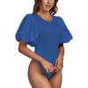 imageLYANER Womens Casual Round Neck Puff Short Sleeve Leotard Bodysuits TopsRoyal Blue