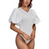 imageLYANER Womens Casual Round Neck Puff Short Sleeve Leotard Bodysuits TopsWhite