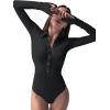 imageLYANER Womens Collar Neck Button Down Long Sleeve Slim Bodysuit Leotard TopsBlack