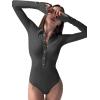 imageLYANER Womens Collar Neck Button Down Long Sleeve Slim Bodysuit Leotard TopsDark Gray