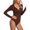 imageLYANER Womens Deep V Neck Twist Front Long Sleeve Tiny Leotard Bodysuit Tops Dark Brown Small