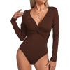 imageLYANER Womens Deep V Neck Twist Front Long Sleeve Tiny Leotard Bodysuit Tops Dark Brown Small