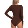imageLYANER Womens Deep V Neck Twist Front Long Sleeve Tiny Leotard Bodysuit Tops Dark Brown Small