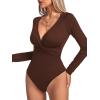 imageLYANER Womens Deep V Neck Twist Front Long Sleeve Tiny Leotard Bodysuit Tops Dark Brown Small