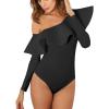 imageLYANER Womens Elegant Ruffled One Shoulder Long Sleeve Bodysuit Leotard TopBlack