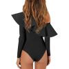 imageLYANER Womens Elegant Ruffled One Shoulder Long Sleeve Bodysuit Leotard TopBlack