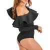 imageLYANER Womens Elegant Ruffled One Shoulder Long Sleeve Bodysuit Leotard TopBlack