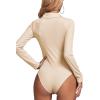 imageLYANER Womens Rib Knit Collar Deep V Neck Ruched Buttons Long Sleeve Bodysuit Leotard TopBeige