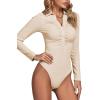 imageLYANER Womens Rib Knit Collar Deep V Neck Ruched Buttons Long Sleeve Bodysuit Leotard TopBeige