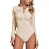 imageLYANER Womens Rib Knit Collar Deep V Neck Ruched Buttons Long Sleeve Bodysuit Leotard TopBeige