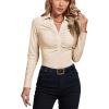 imageLYANER Womens Rib Knit Collar Deep V Neck Ruched Buttons Long Sleeve Bodysuit Leotard TopBeige