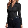 imageLYANER Womens Rib Knit Collar Deep V Neck Ruched Buttons Long Sleeve Bodysuit Leotard TopBlack