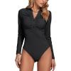 imageLYANER Womens Rib Knit Collar Deep V Neck Ruched Buttons Long Sleeve Bodysuit Leotard TopBlack