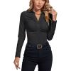 imageLYANER Womens Rib Knit Collar Deep V Neck Ruched Buttons Long Sleeve Bodysuit Leotard TopBlack