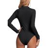 imageLYANER Womens Rib Knit Collar Deep V Neck Ruched Buttons Long Sleeve Bodysuit Leotard TopBlack