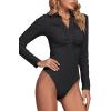 imageLYANER Womens Rib Knit Collar Deep V Neck Ruched Buttons Long Sleeve Bodysuit Leotard TopBlack