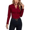 imageLYANER Womens Rib Knit Collar Deep V Neck Ruched Buttons Long Sleeve Bodysuit Leotard TopBurgundy