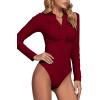 imageLYANER Womens Rib Knit Collar Deep V Neck Ruched Buttons Long Sleeve Bodysuit Leotard TopBurgundy