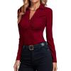 imageLYANER Womens Rib Knit Collar Deep V Neck Ruched Buttons Long Sleeve Bodysuit Leotard TopBurgundy