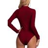 imageLYANER Womens Rib Knit Collar Deep V Neck Ruched Buttons Long Sleeve Bodysuit Leotard TopBurgundy