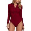 imageLYANER Womens Rib Knit Collar Deep V Neck Ruched Buttons Long Sleeve Bodysuit Leotard TopBurgundy