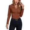imageLYANER Womens Rib Knit Collar Deep V Neck Ruched Buttons Long Sleeve Bodysuit Leotard TopBurnt Orange