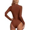 imageLYANER Womens Rib Knit Collar Deep V Neck Ruched Buttons Long Sleeve Bodysuit Leotard TopBurnt Orange