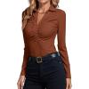 imageLYANER Womens Rib Knit Collar Deep V Neck Ruched Buttons Long Sleeve Bodysuit Leotard TopBurnt Orange